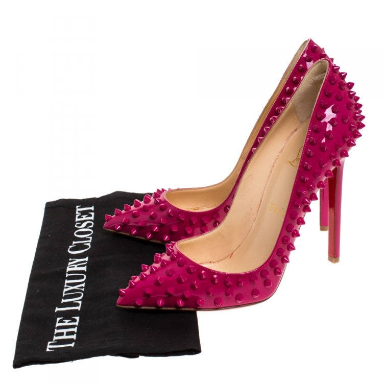Pre Owned Christian Louboutin Pink Patent Leather Pigalle Spikes Pumps Size 38