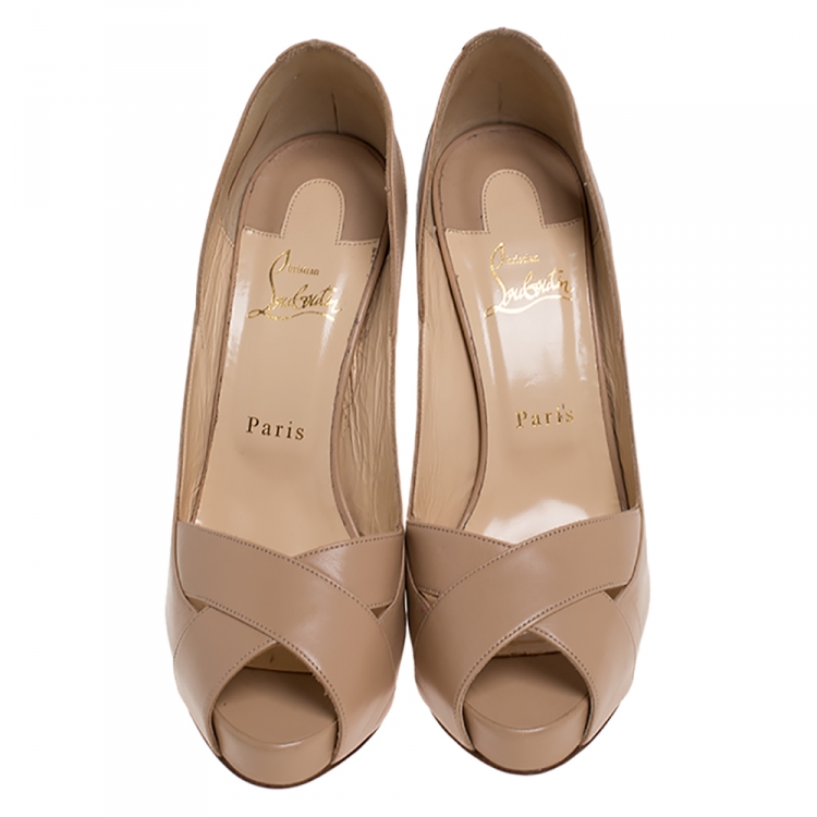 Pre Owned Christian Louboutin Beige Leather Crisscross Peep Toe Pumps Size 40