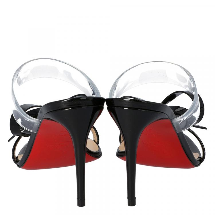 Pre Owned Christian Louboutin Black Patent Leather and PVC Band Knot Just Nodo Mules Size 38