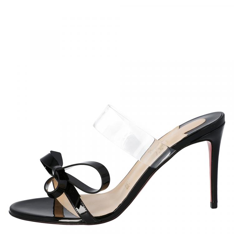 Pre Owned Christian Louboutin Black Patent Leather and PVC Band Knot Just Nodo Mules Size 38