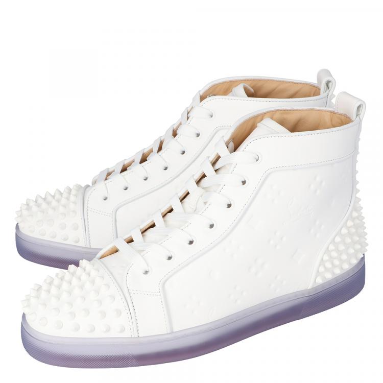 Pre Owned Christian Louboutin White Embossed "LoubinTheSky" Leather Lou Spikes 2 High-Top Sneakers Size 45