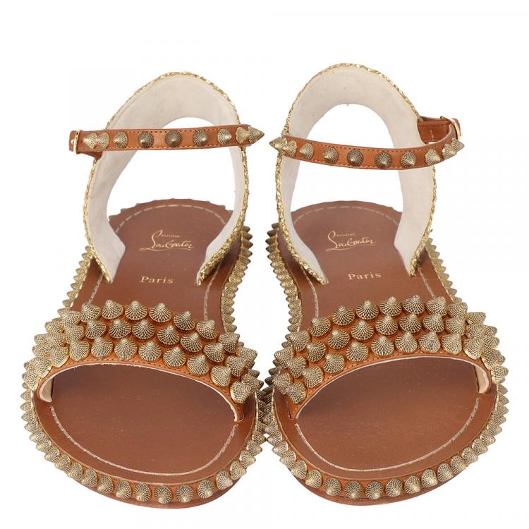 Pre Owned Christian Louboutin Beige Cordorella Spiked Flat Leather Sandals Size 41