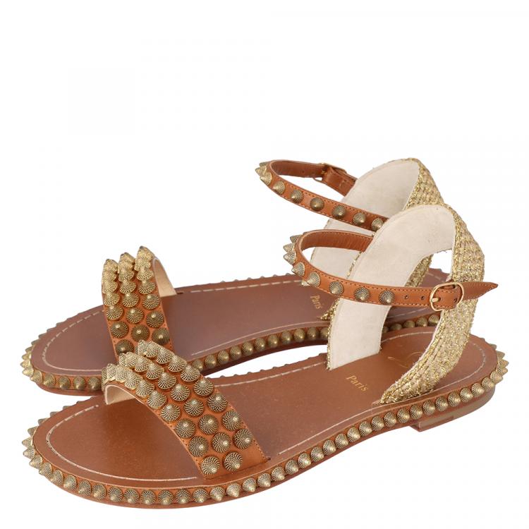 Pre Owned Christian Louboutin Beige Cordorella Spiked Flat Leather Sandals Size 41