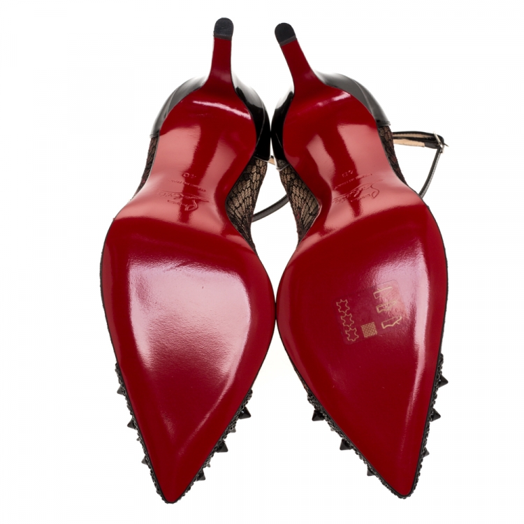 مملوكة مسبقًا Christian Louboutin Black Mesh And Patent Leather Spikes Ankle Strap Pumps Size 40