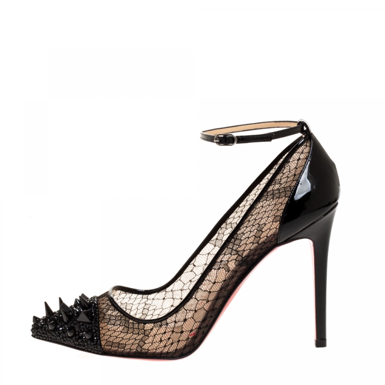 مملوكة مسبقًا Christian Louboutin Black Mesh And Patent Leather Spikes Ankle Strap Pumps Size 40