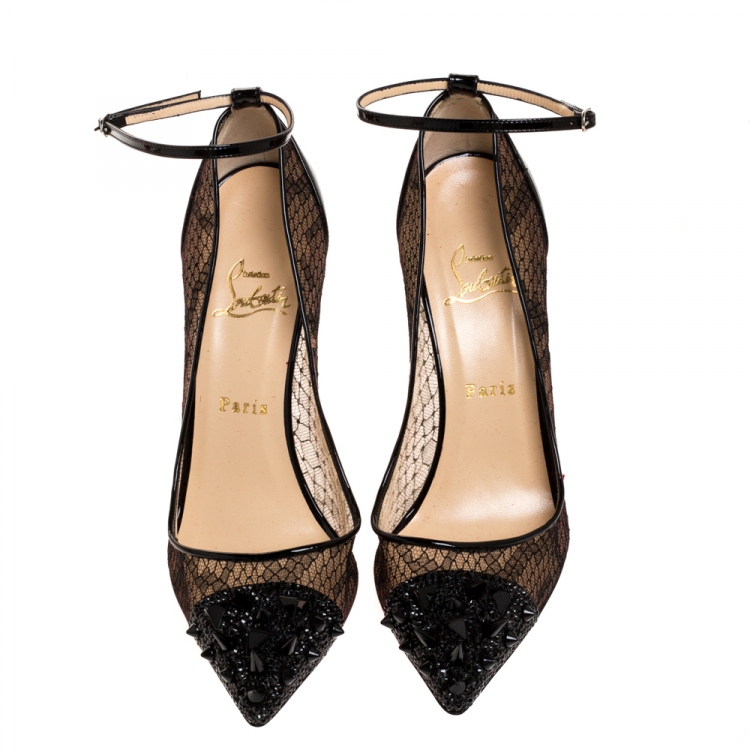مملوكة مسبقًا Christian Louboutin Black Mesh And Patent Leather Spikes Ankle Strap Pumps Size 40