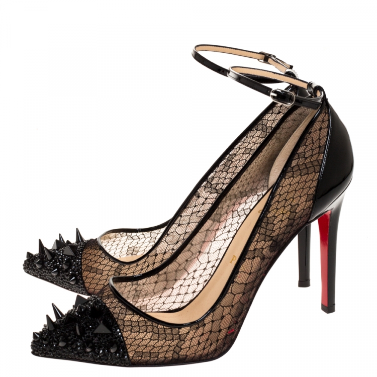 مملوكة مسبقًا Christian Louboutin Black Mesh And Patent Leather Spikes Ankle Strap Pumps Size 40