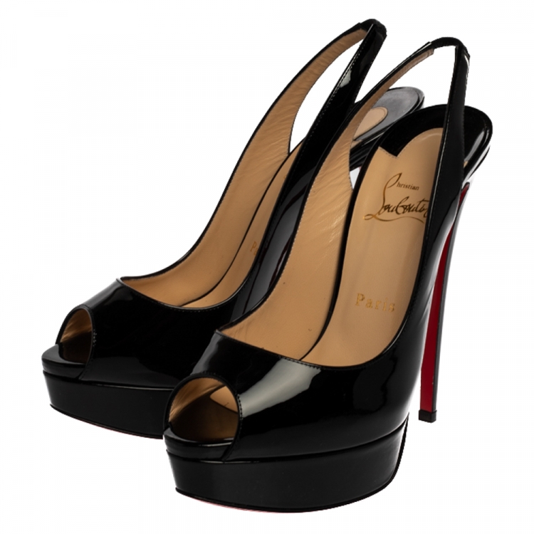 Pre Owned Christian Louboutin Black Patent Leather Lady Peep Toe Platform Pumps Size 39