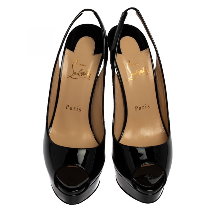 Pre Owned Christian Louboutin Black Patent Leather Lady Peep Toe Platform Pumps Size 39