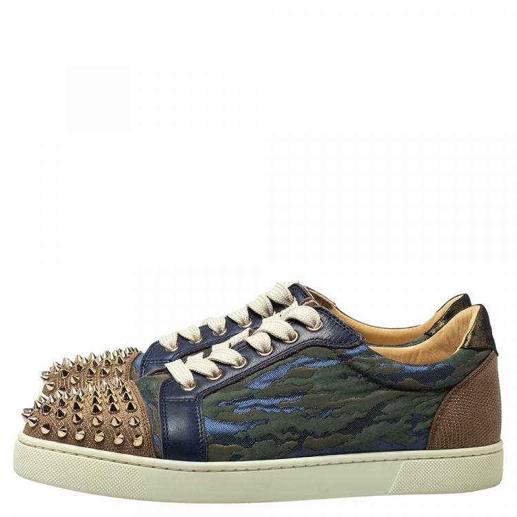Pre Owned Christian Louboutin Multicolor Jacquard Fabric And Leather Vieira Spikes Low Top Sneakers Size 39