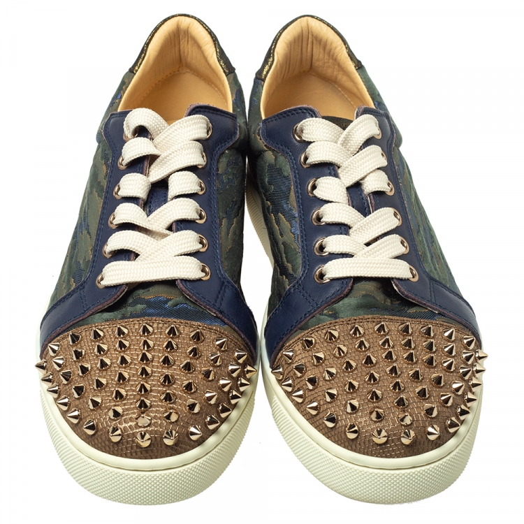 Pre Owned Christian Louboutin Multicolor Jacquard Fabric And Leather Vieira Spikes Low Top Sneakers Size 39