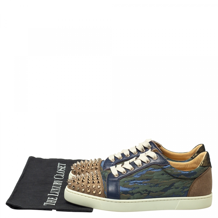 Pre Owned Christian Louboutin Multicolor Jacquard Fabric And Leather Vieira Spikes Low Top Sneakers Size 39