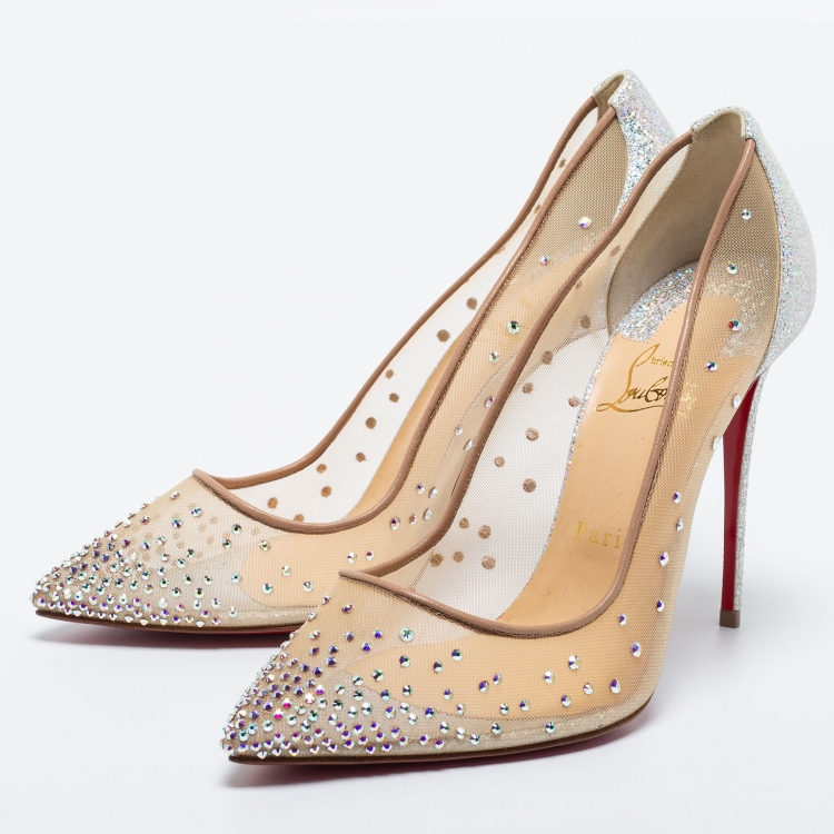 Christian Louboutin Beige/Silver Mesh and Leather Follies Strass Pumps Size  38.5 Christian Louboutin