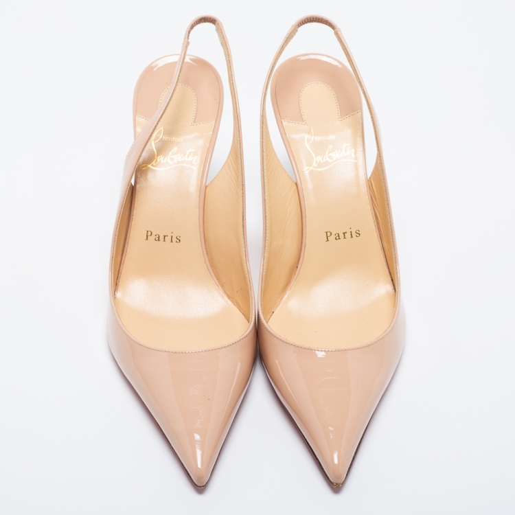 Pre Owned Christian Louboutin Beige Patent Leather Clare Slingback Pumps Size 38