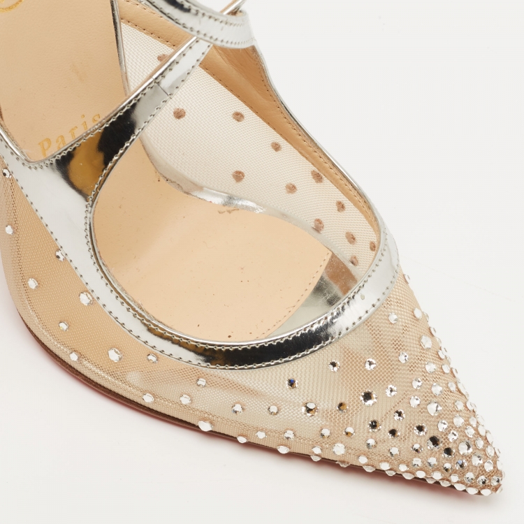 Pre Owned Christian Louboutin Silver Leather and Mesh Twistissima Strass Pumps Size 38