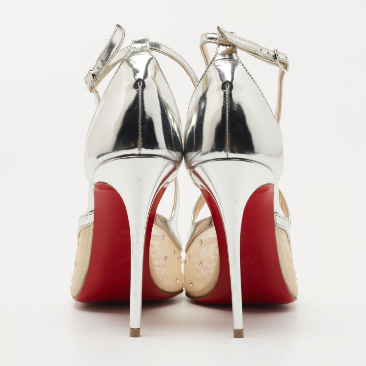 Pre Owned Christian Louboutin Silver Leather and Mesh Twistissima Strass Pumps Size 38