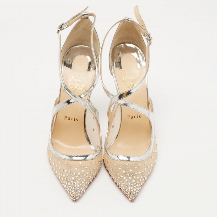 Pre Owned Christian Louboutin Silver Leather and Mesh Twistissima Strass Pumps Size 38