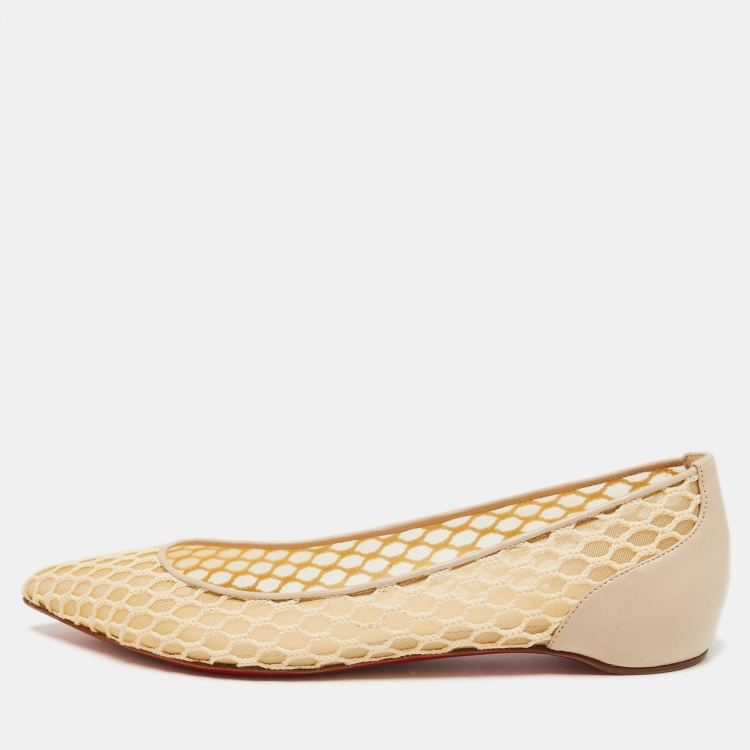Pre Owned Christian Louboutin Beige Leather and Mesh Pigaresille Ballet Flats Size 39