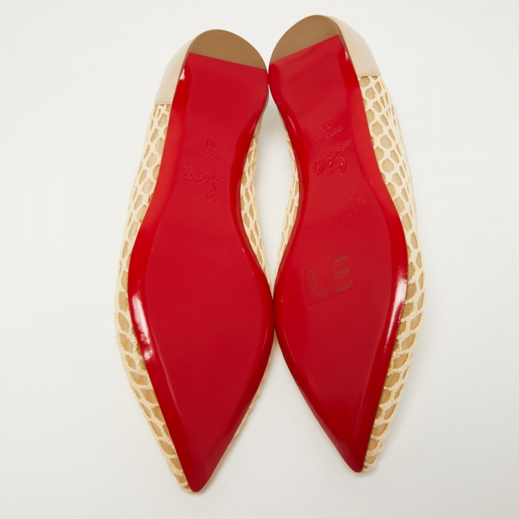 Pre Owned Christian Louboutin Beige Leather and Mesh Pigaresille Ballet Flats Size 39