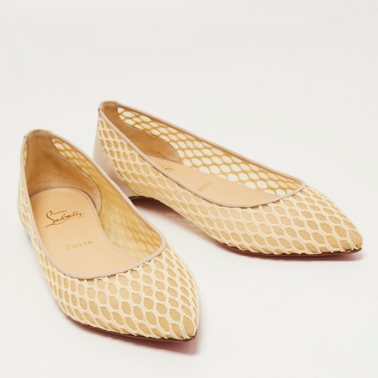 Pre Owned Christian Louboutin Beige Leather and Mesh Pigaresille Ballet Flats Size 39