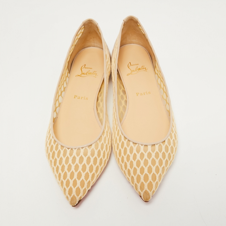 Pre Owned Christian Louboutin Beige Leather and Mesh Pigaresille Ballet Flats Size 39