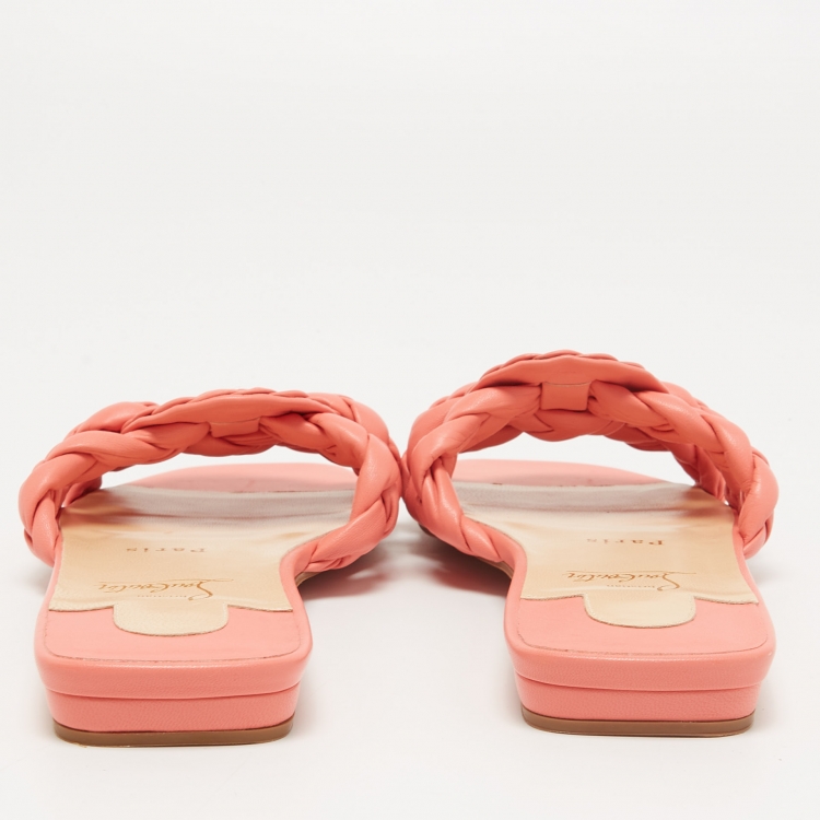 Pre Owned Christian Louboutin Pink Leather Marmella Flat Slides Size 38
