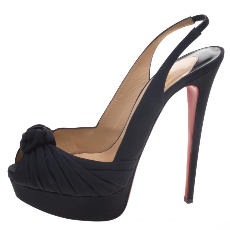 Pre Owned Christian Louboutin Black Satin Jenny Platform Slingback Sandals Size 40.5