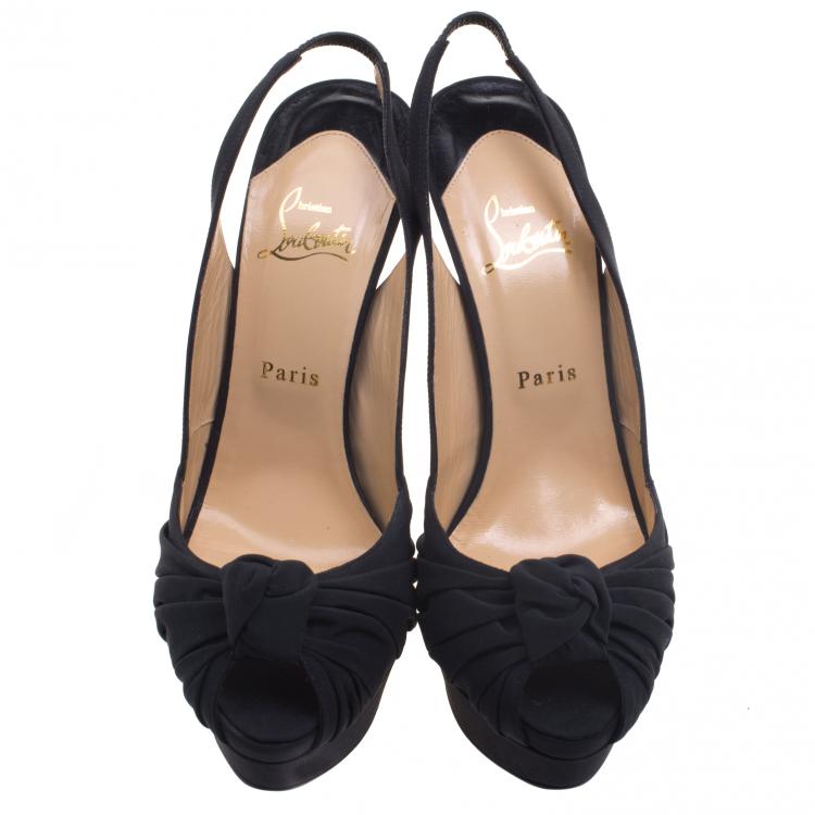 Pre Owned Christian Louboutin Black Satin Jenny Platform Slingback Sandals Size 40.5