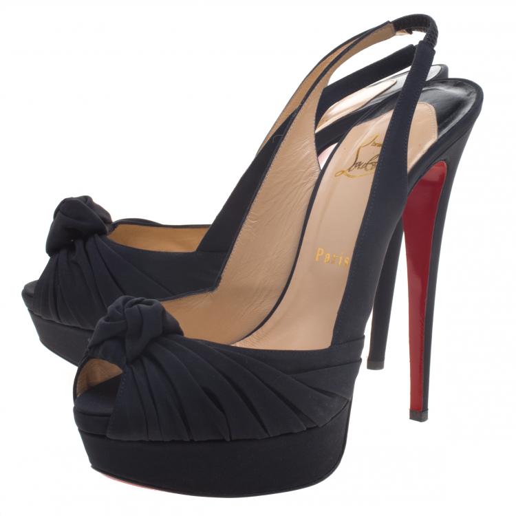 Pre Owned Christian Louboutin Black Satin Jenny Platform Slingback Sandals Size 40.5