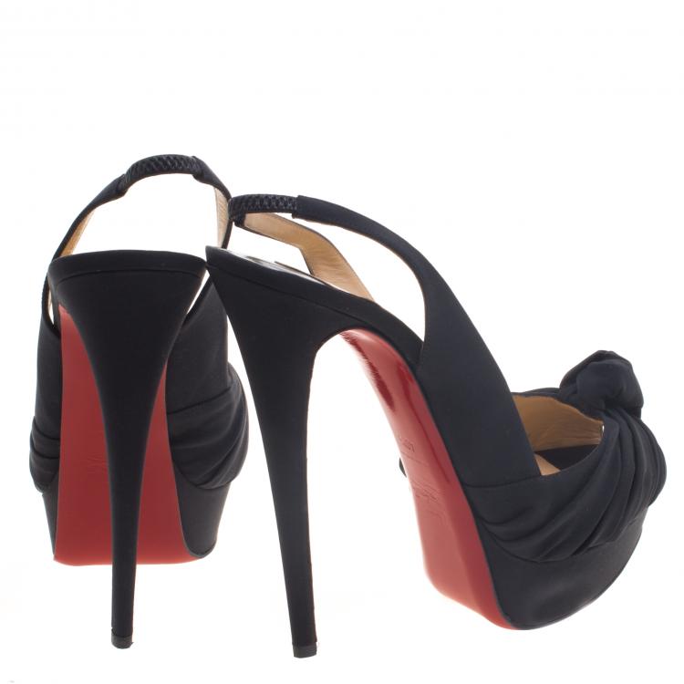 Pre Owned Christian Louboutin Black Satin Jenny Platform Slingback Sandals Size 40.5