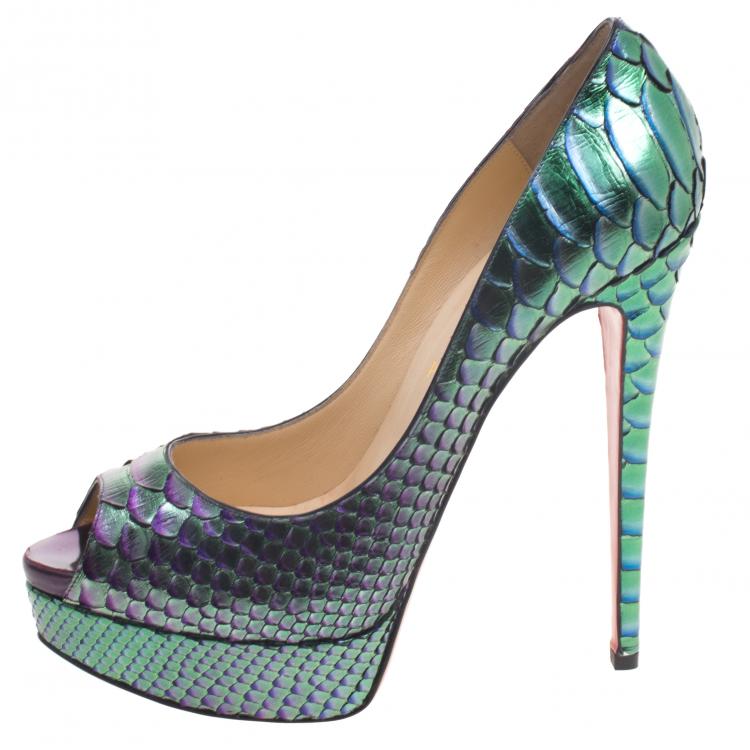 Pre Owned Christian Louboutin Two Tone Metallic Python Scarabee Lady Peep Toe Platform Pumps Size 40