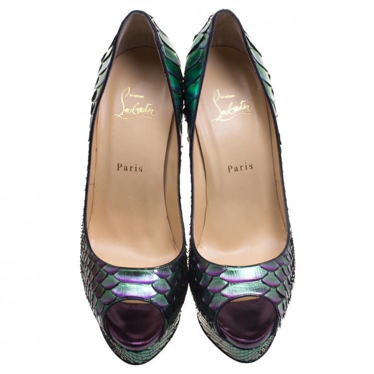 Pre Owned Christian Louboutin Two Tone Metallic Python Scarabee Lady Peep Toe Platform Pumps Size 40