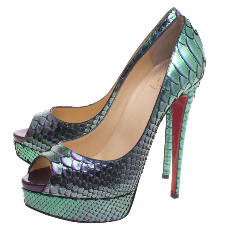 Pre Owned Christian Louboutin Two Tone Metallic Python Scarabee Lady Peep Toe Platform Pumps Size 40