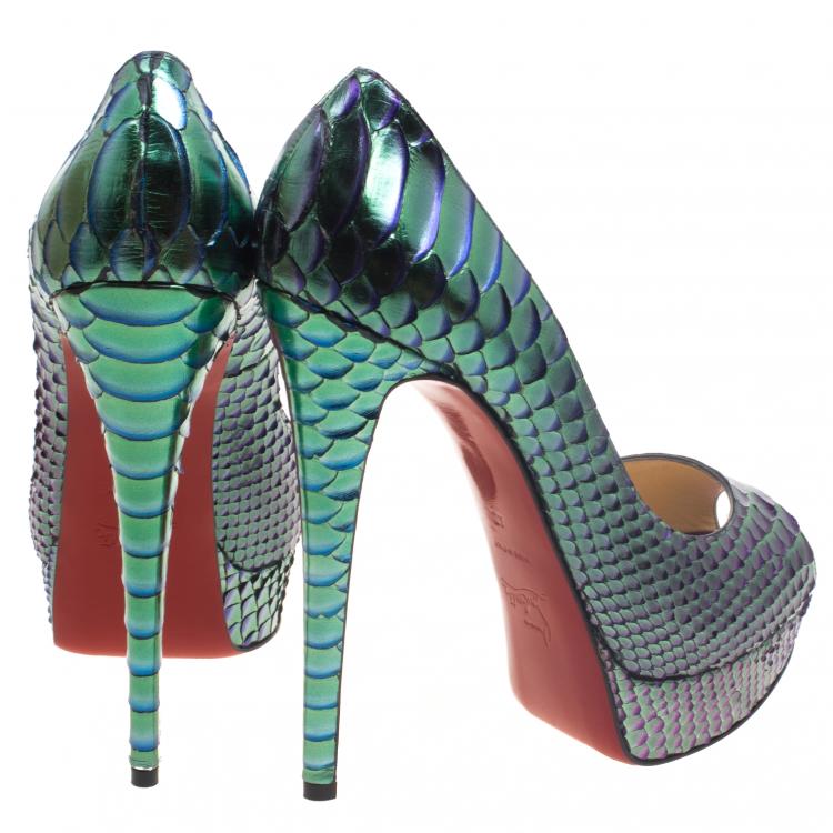 Pre Owned Christian Louboutin Two Tone Metallic Python Scarabee Lady Peep Toe Platform Pumps Size 40