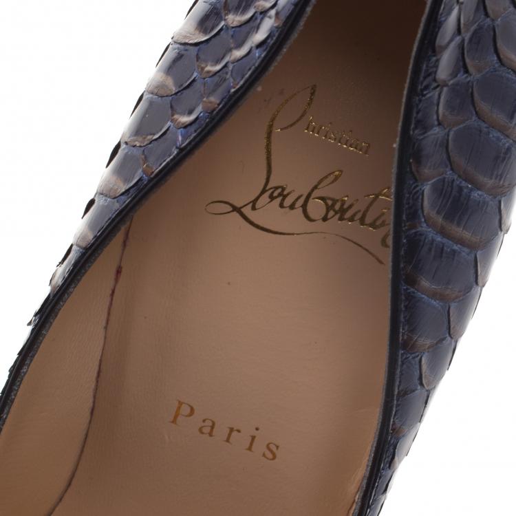 Pre Owned Christian Louboutin Blue Metallic Python So Kate Pumps Size 38.5
