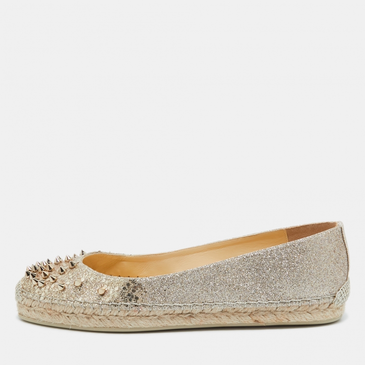 Pre Owned Christian Louboutin Glitter Leather Aliochette Espadrille Flats Size 38