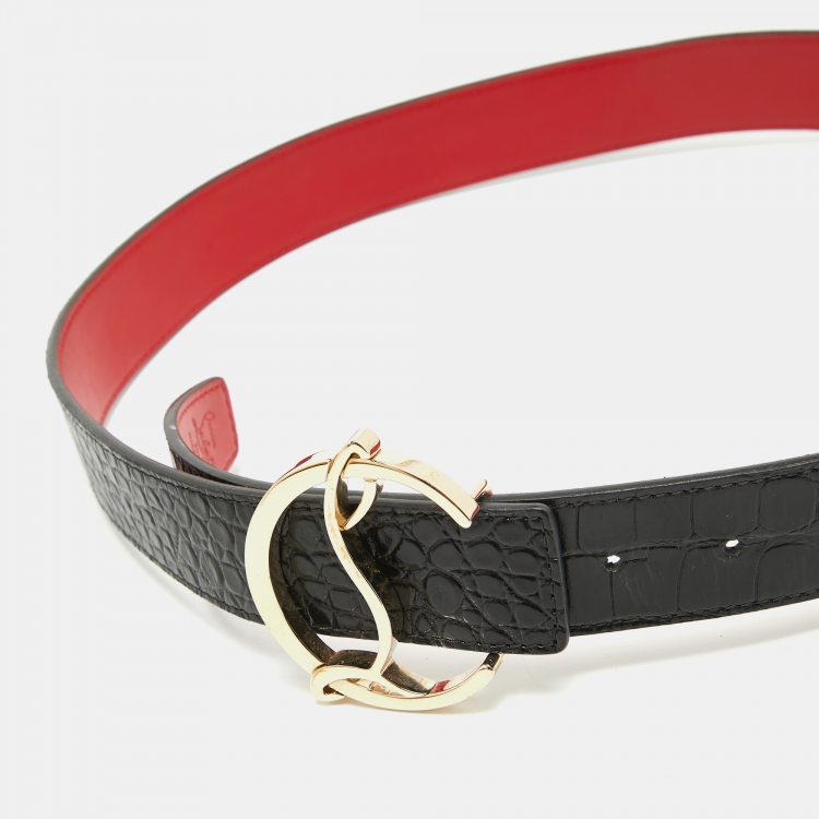 Pre Owned Christian Louboutin Black Croc Embossed Leather CL Logo Belt 80 CM