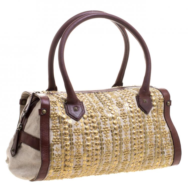 Pre Owned Christian Louboutin Beige/Brown Fabric and Leather Gold Disk Embellishment Satchel