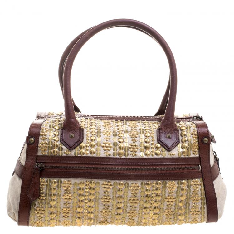 Pre Owned Christian Louboutin Beige/Brown Fabric and Leather Gold Disk Embellishment Satchel