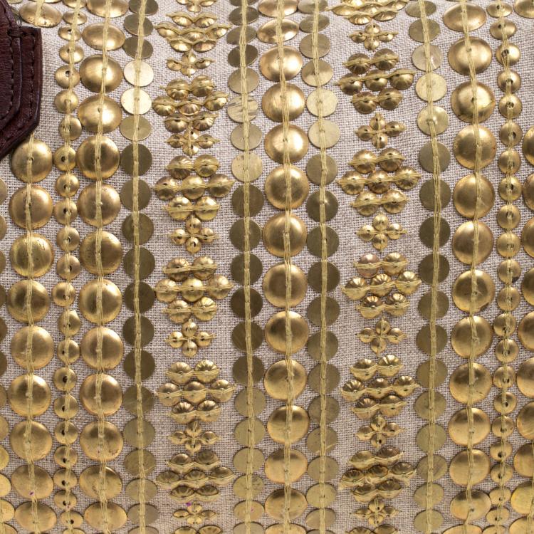 Pre Owned Christian Louboutin Beige/Brown Fabric and Leather Gold Disk Embellishment Satchel