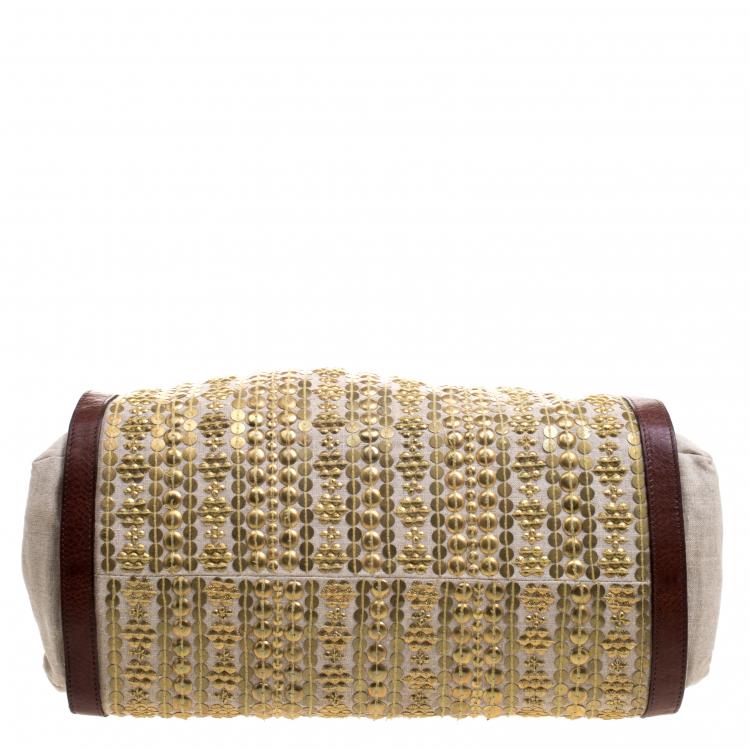 Pre Owned Christian Louboutin Beige/Brown Fabric and Leather Gold Disk Embellishment Satchel