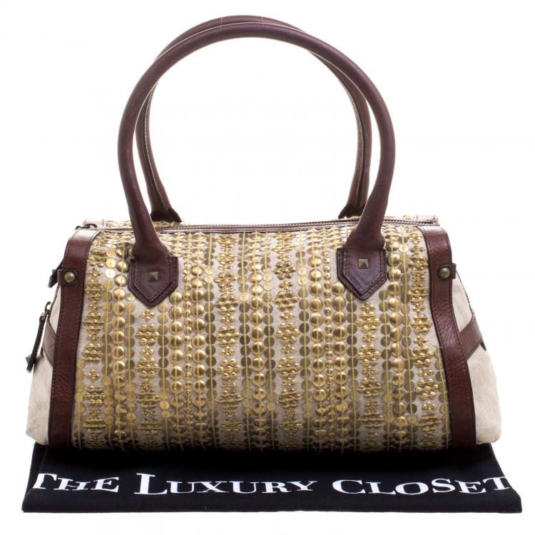 Pre Owned Christian Louboutin Beige/Brown Fabric and Leather Gold Disk Embellishment Satchel