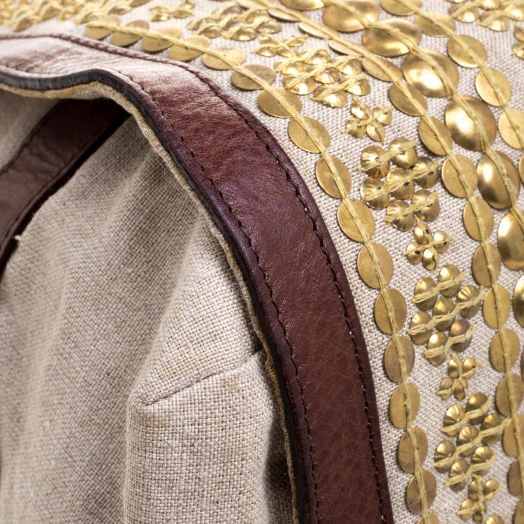 Pre Owned Christian Louboutin Beige/Brown Fabric and Leather Gold Disk Embellishment Satchel