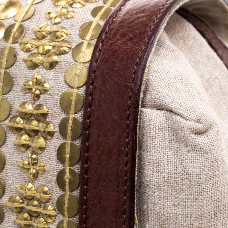 Pre Owned Christian Louboutin Beige/Brown Fabric and Leather Gold Disk Embellishment Satchel