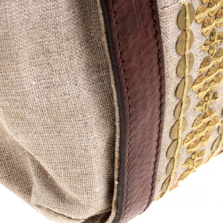 Pre Owned Christian Louboutin Beige/Brown Fabric and Leather Gold Disk Embellishment Satchel