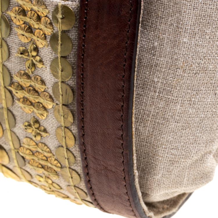Pre Owned Christian Louboutin Beige/Brown Fabric and Leather Gold Disk Embellishment Satchel