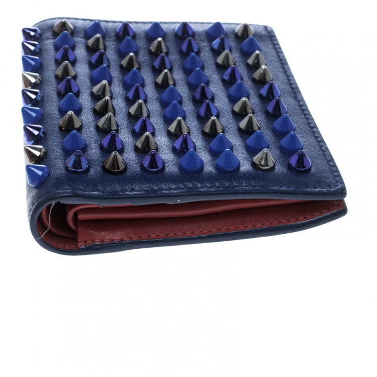 Pre Owned Christian Louboutin Blue Leather Spiked Compact Wallet