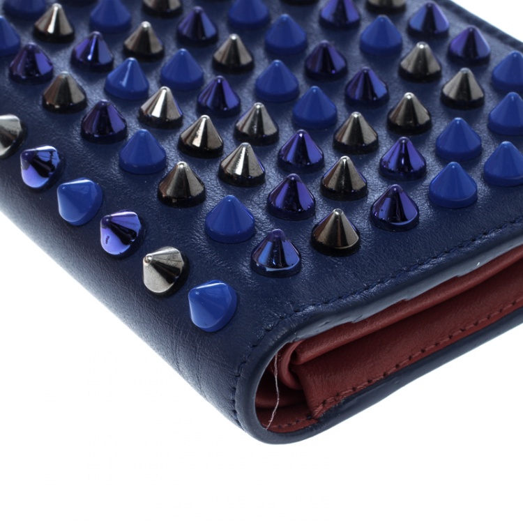 Pre Owned Christian Louboutin Blue Leather Spiked Compact Wallet