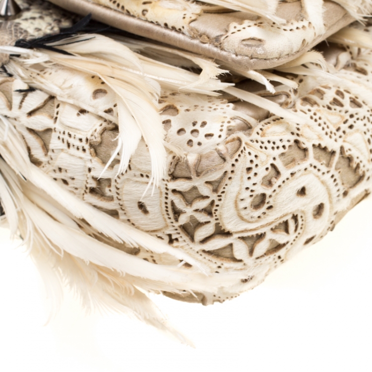 Pre Owned Christian Louboutin Multicolor Calfhair/Lizard and Feather Paradis Sweet Charity Bag