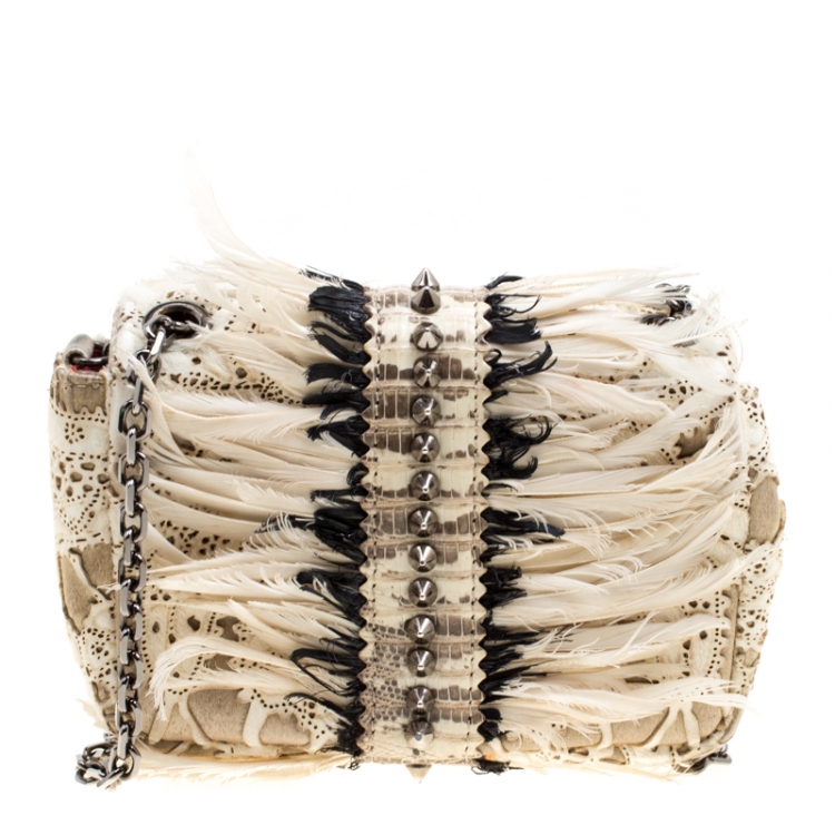 Pre Owned Christian Louboutin Multicolor Calfhair/Lizard and Feather Paradis Sweet Charity Bag